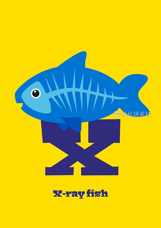 X-Ray-Fish, Kawaii-ABC，字母从A到Z与可爱的插图在日本风格与排版，鱼骨